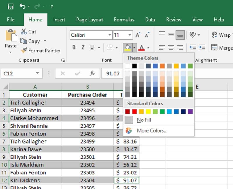 Change the color of selected rows in Excel