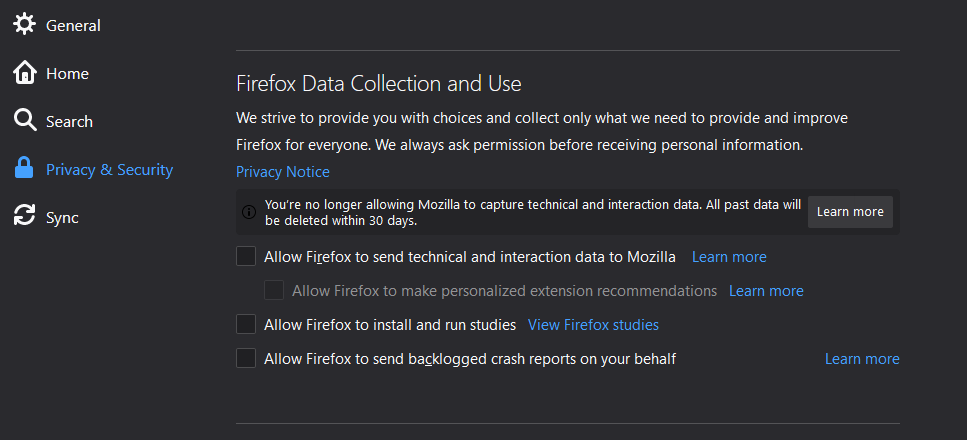 Firefox data collection and use