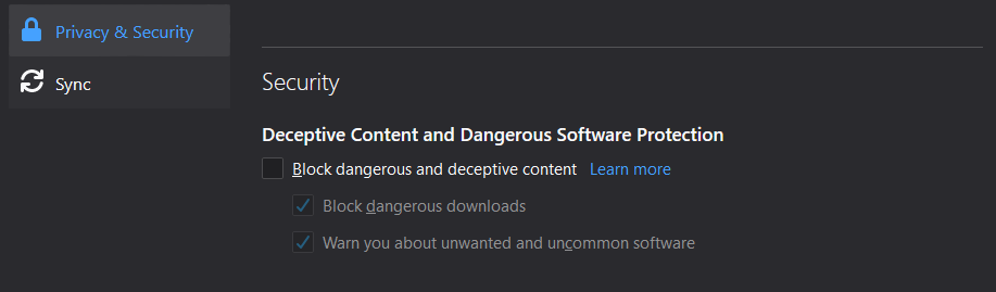 Deceptive content protection settings