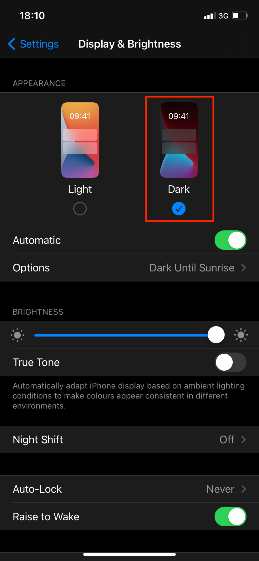 Dark Mode in iPhone Display and Brighteness settings