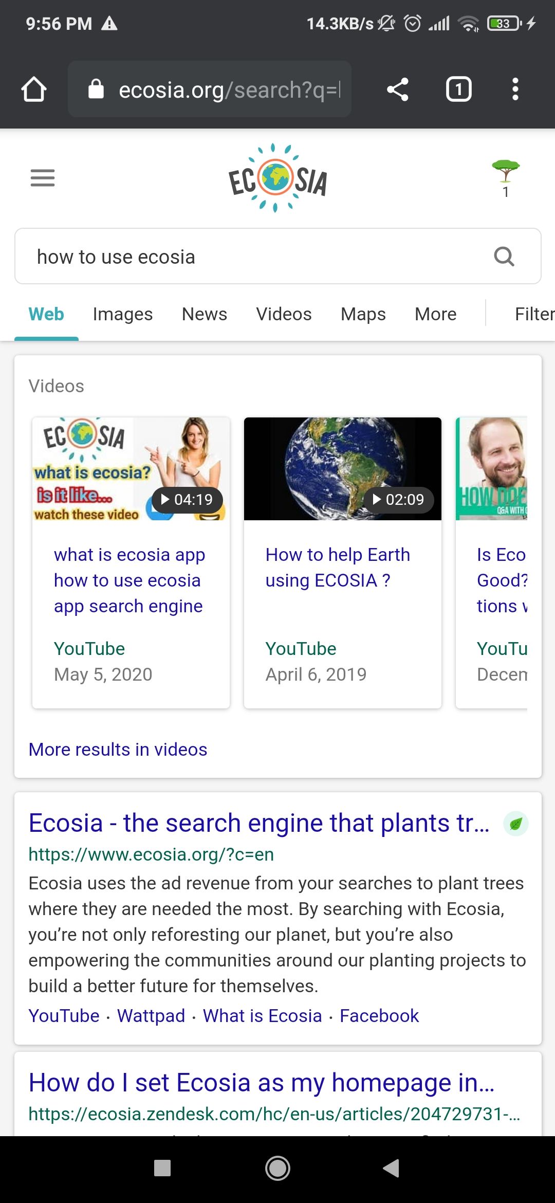 Ecosia mobile app search