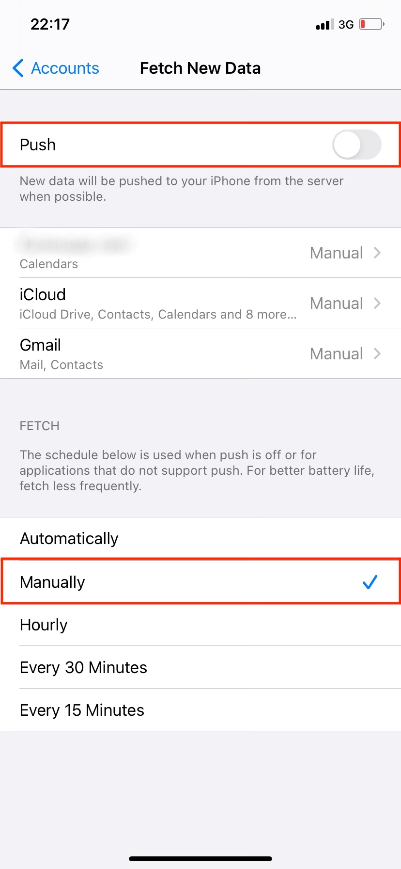 Fetch Manually, Push Off on iPhone