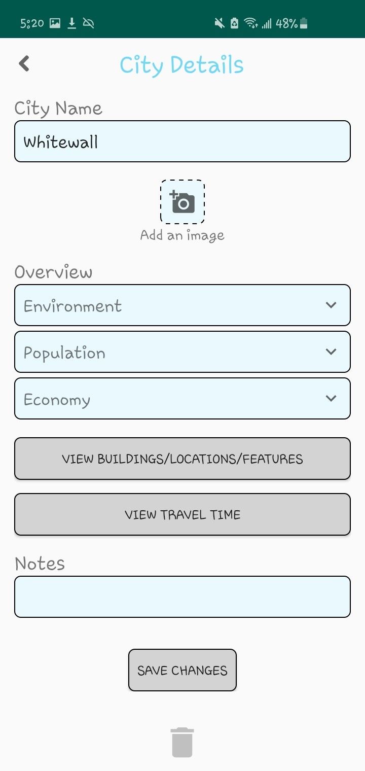 the template for adding a city in the Game Master Journal app