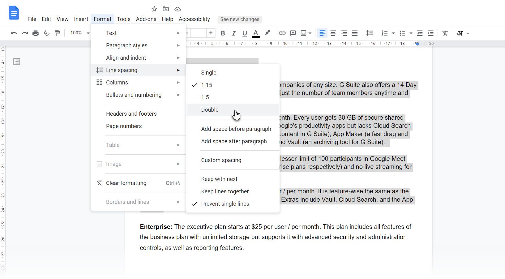 Choosing the double line spacing option from the menubar in Google Docs