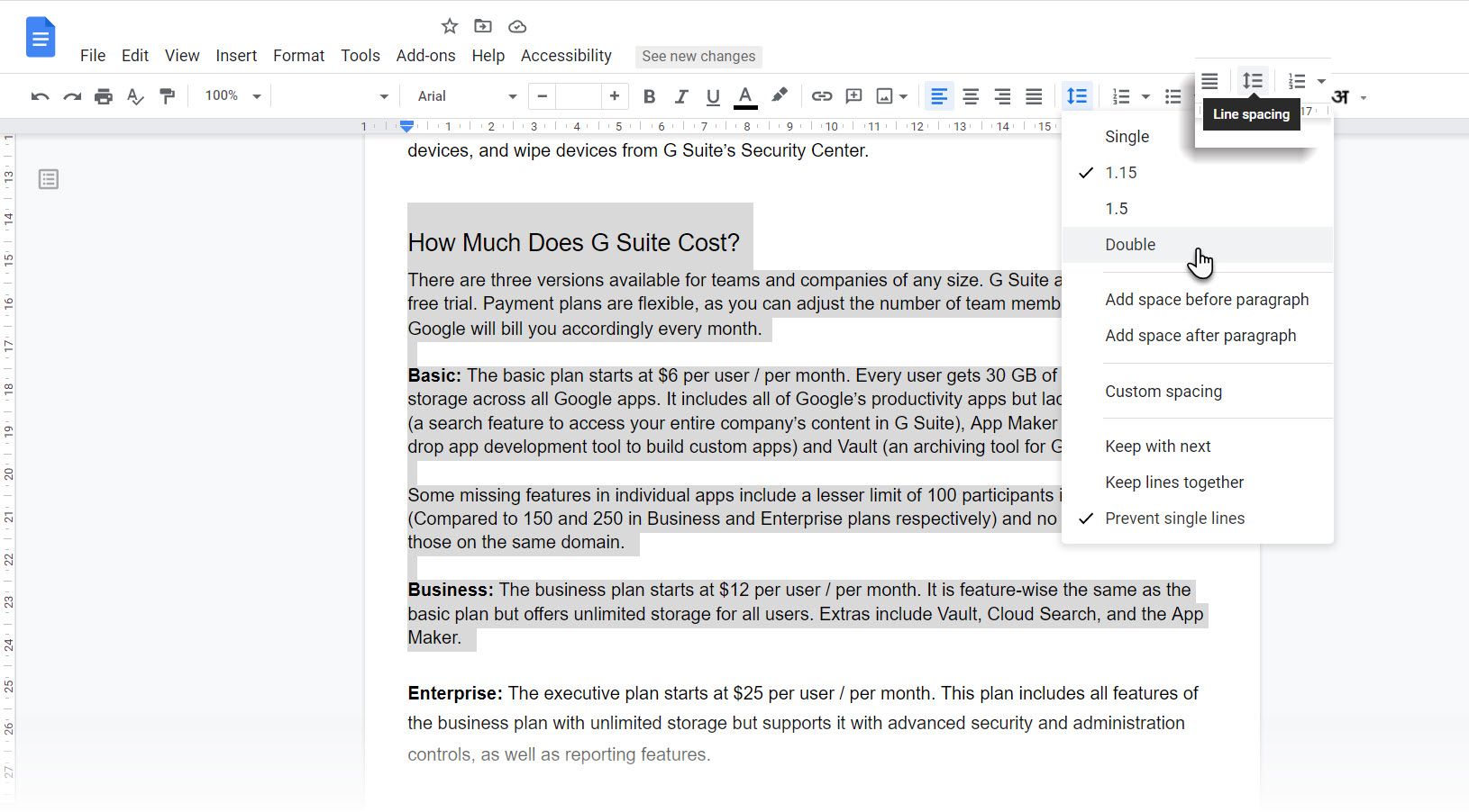 Choosing the double line spacing option from the toolbar in Google Docs