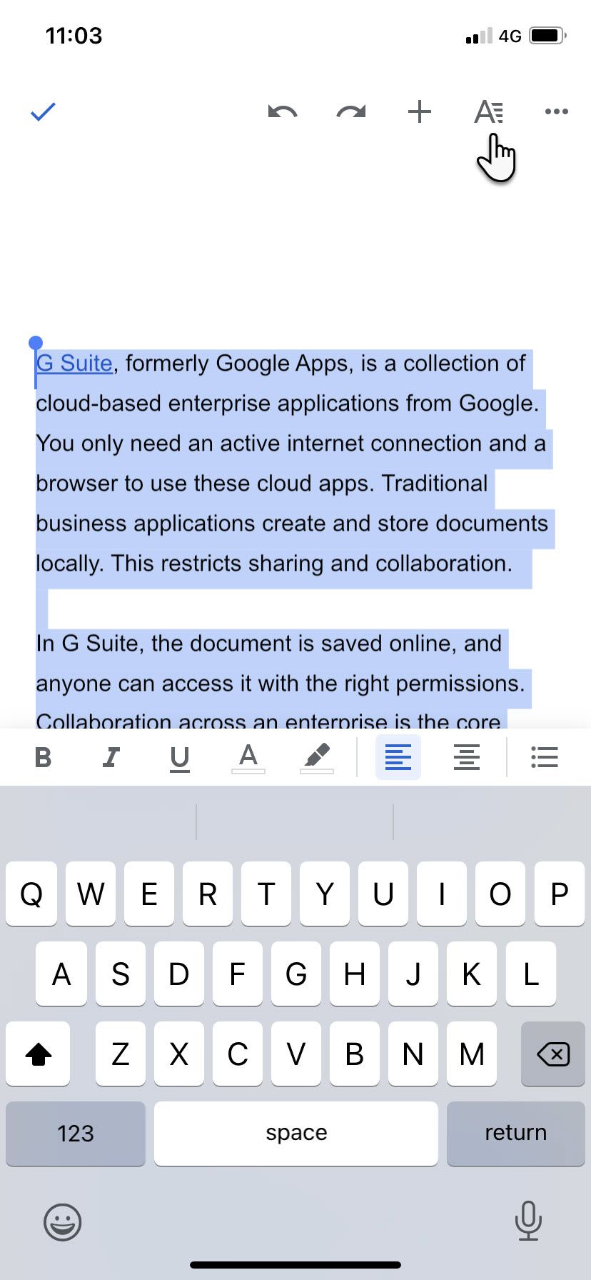 Choose Format in Google Docs iOS app