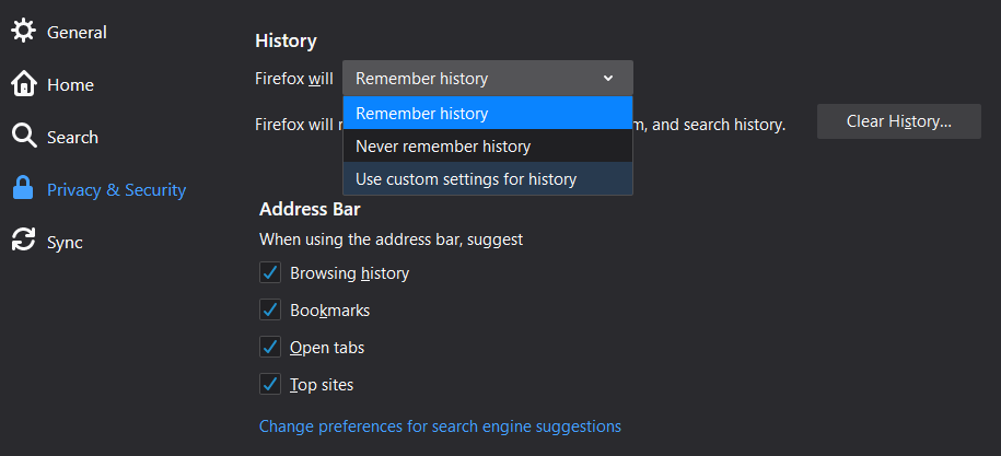 Use custom settings for history