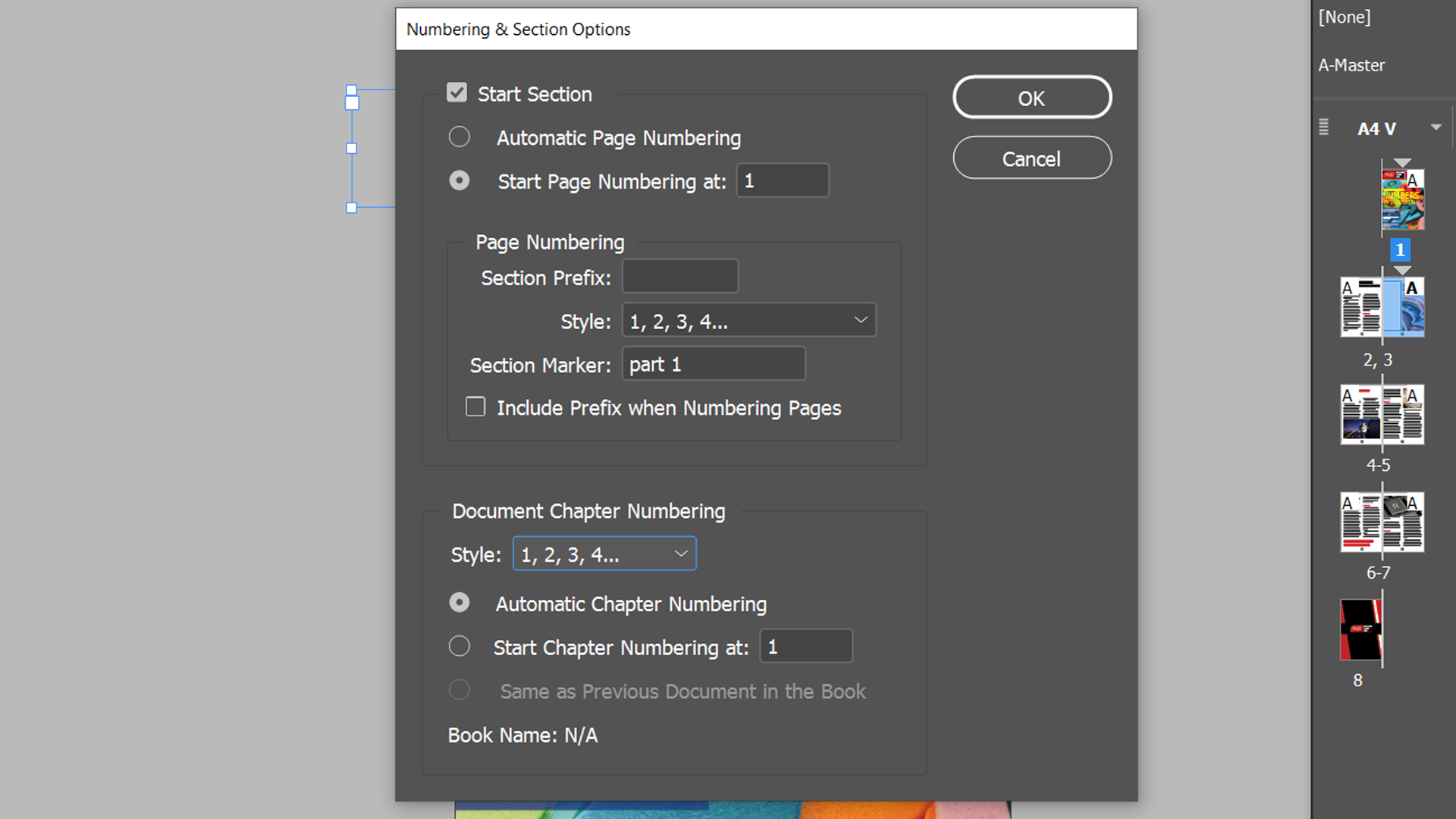 InDesign numbering and section options