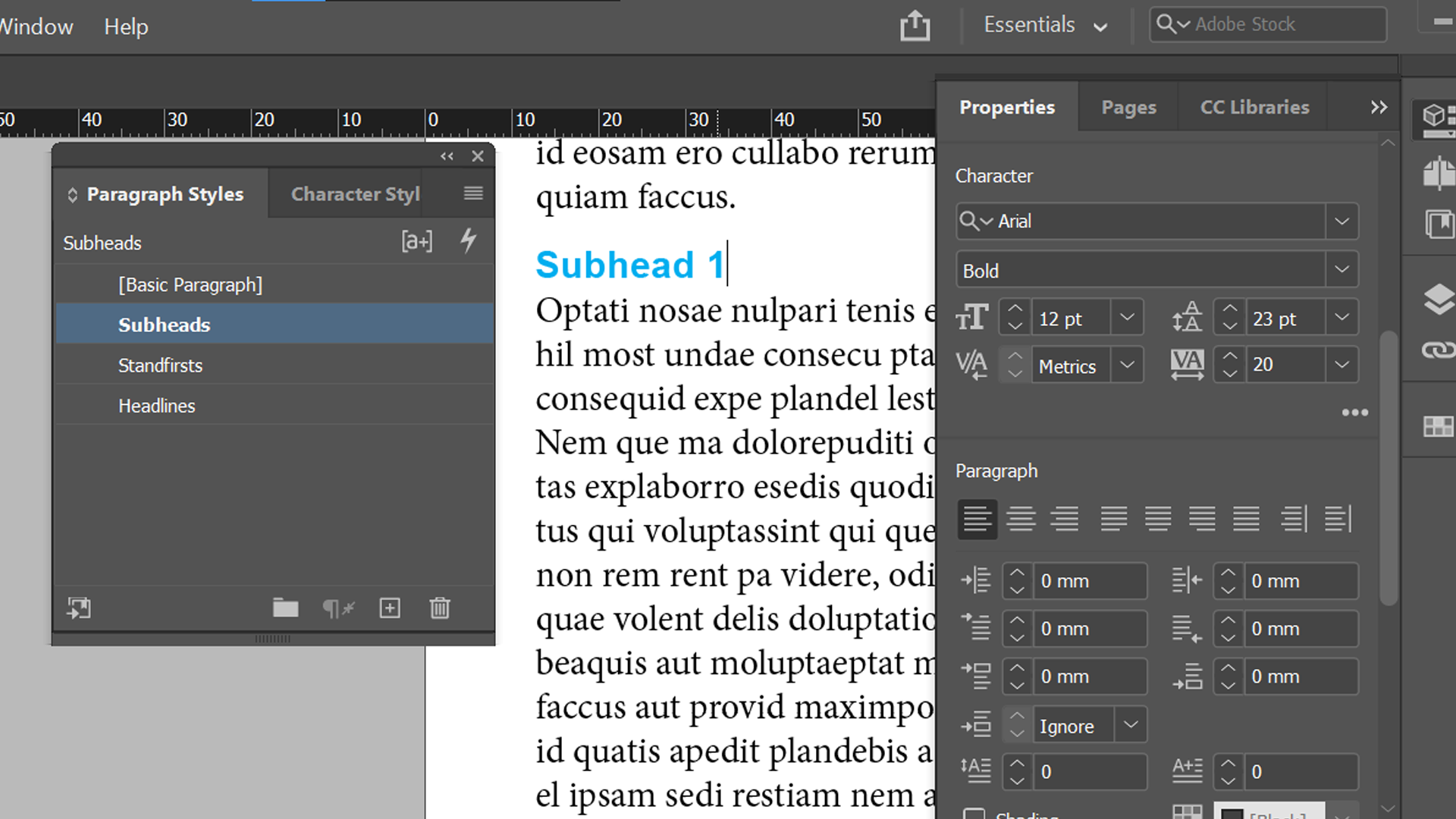 InDesign paragraph styles subheads defined