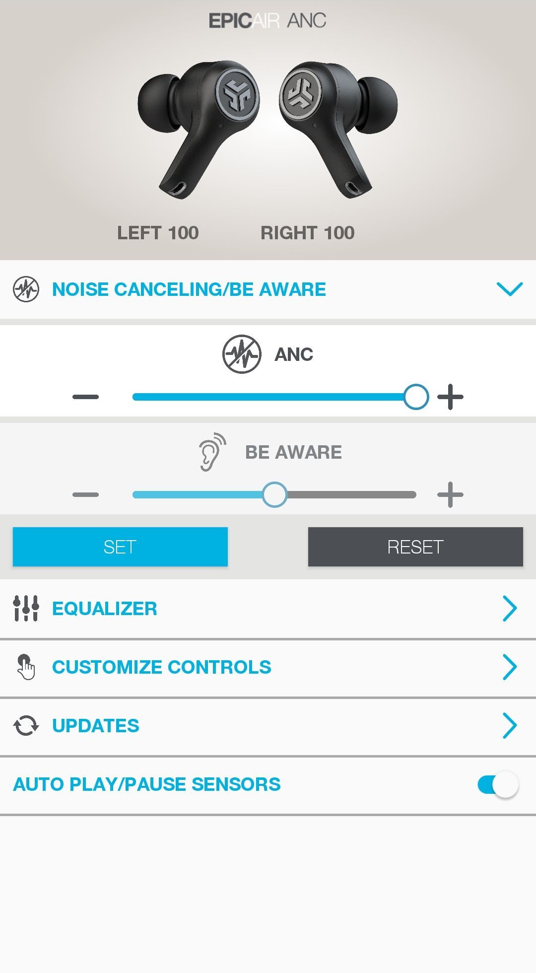 JLab Audio Epic Air ANC App ANC and Be Aware settings