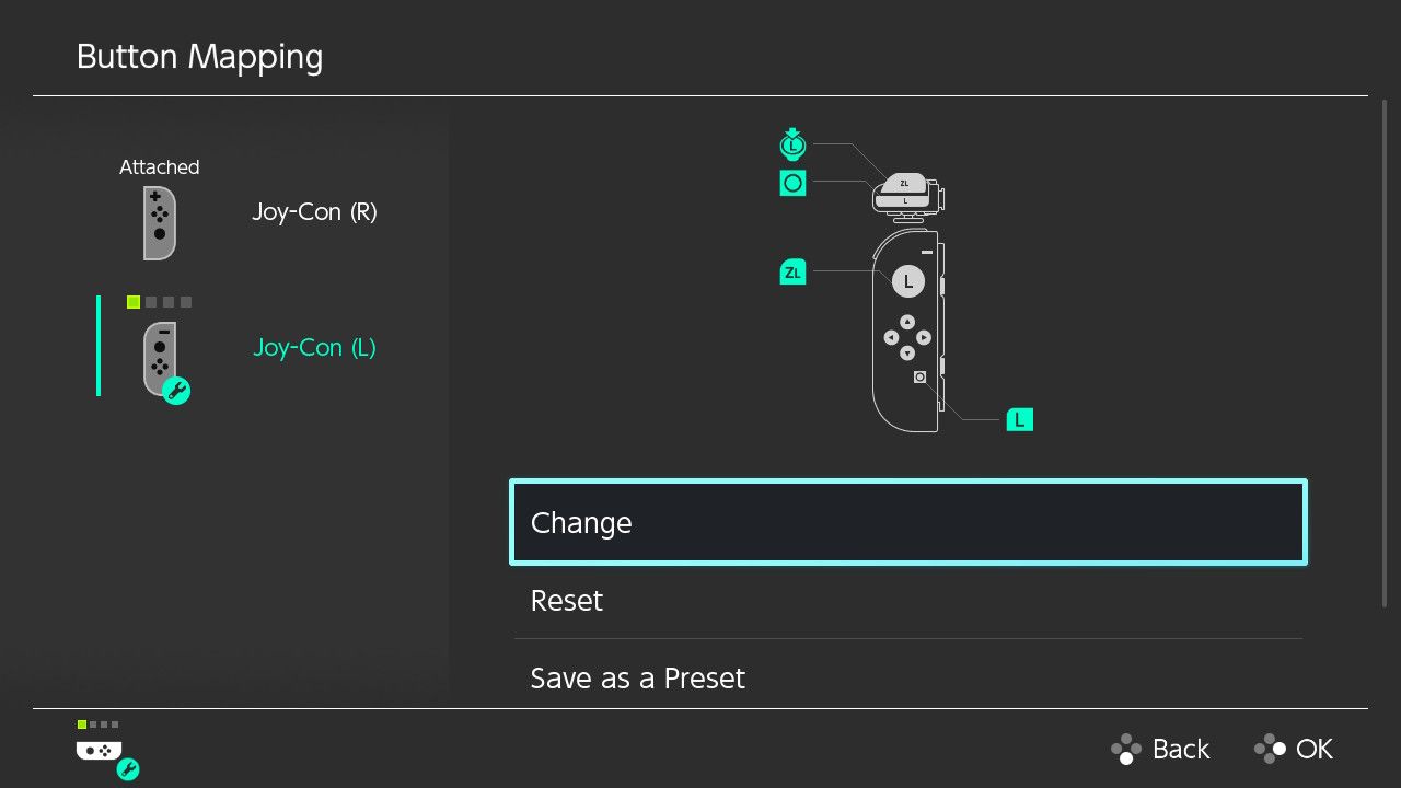 A remapped Joy-Con controller on the Nintendo Switch
