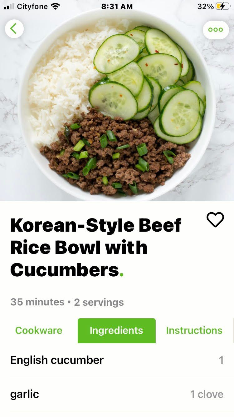 Screenshotted Meal from Mealime of Korean Beef Rice Bowl