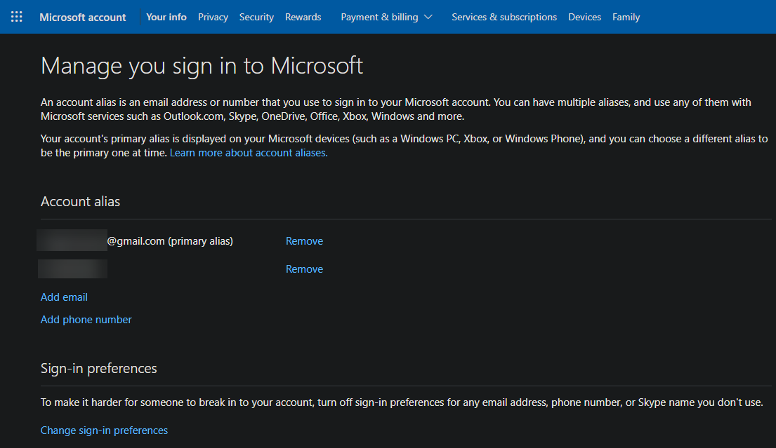Microsoft Sign In Account Options