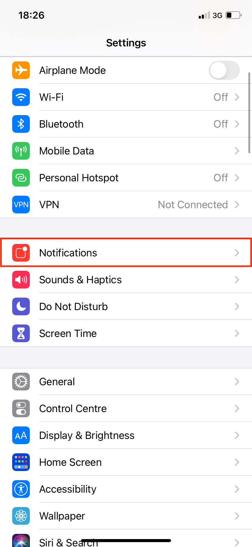 Notifications in Settings on iPhone