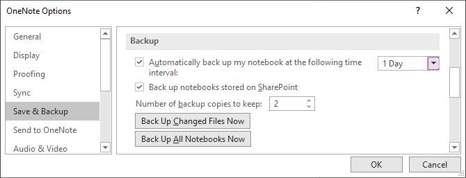 Change your OneNote 2016 automatic backup options.