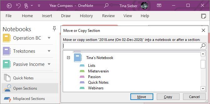 Move or Copy an open section to a notebook in OneNote 2016.