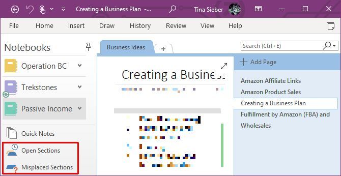 See open and misplaced sections in OneNote 2016.