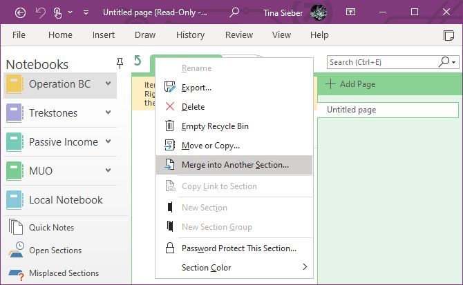 onenote misplaced sections for mac