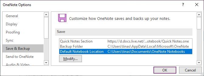 Change the default save location in OneNote 2016.