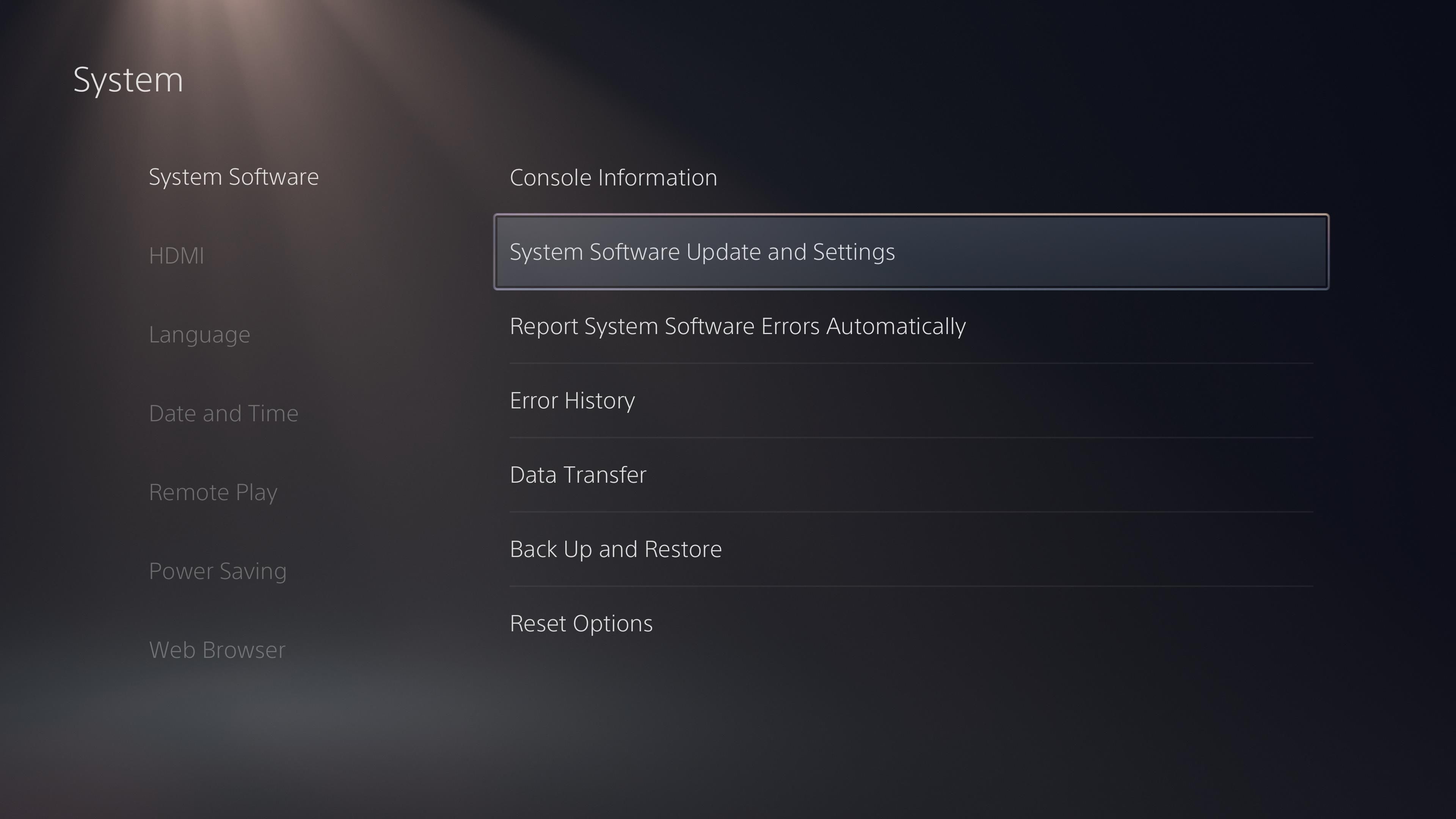 PS5 System Software Update Settings Menu