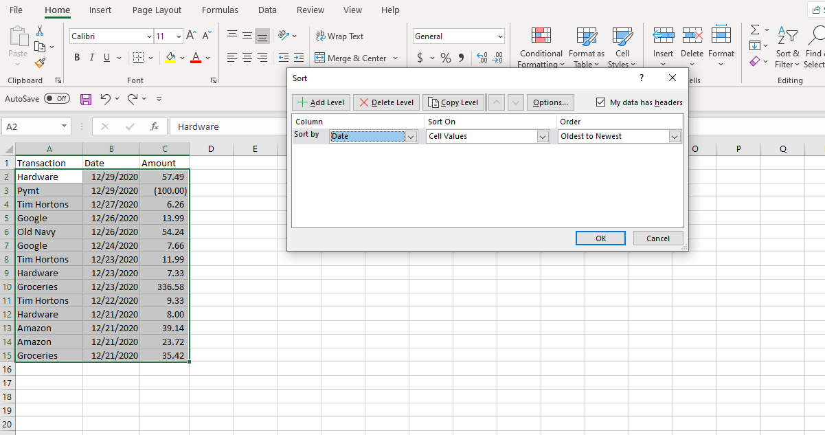 Screenshot Excel Custom Sort by Date