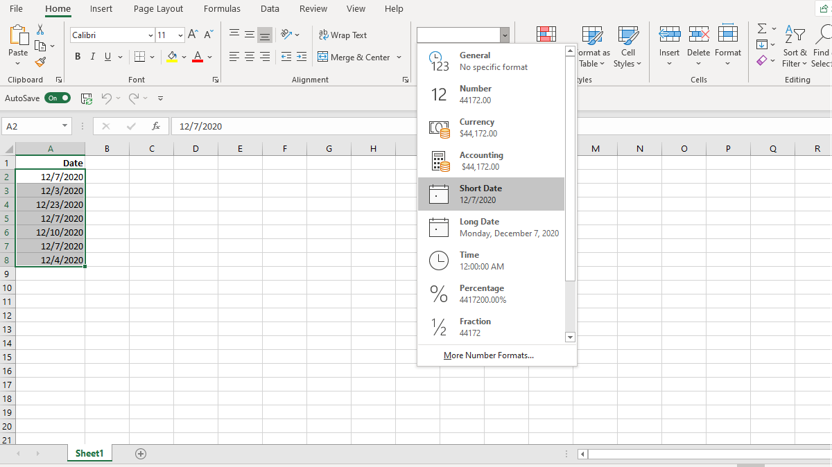 Screenshot Excel Date Format