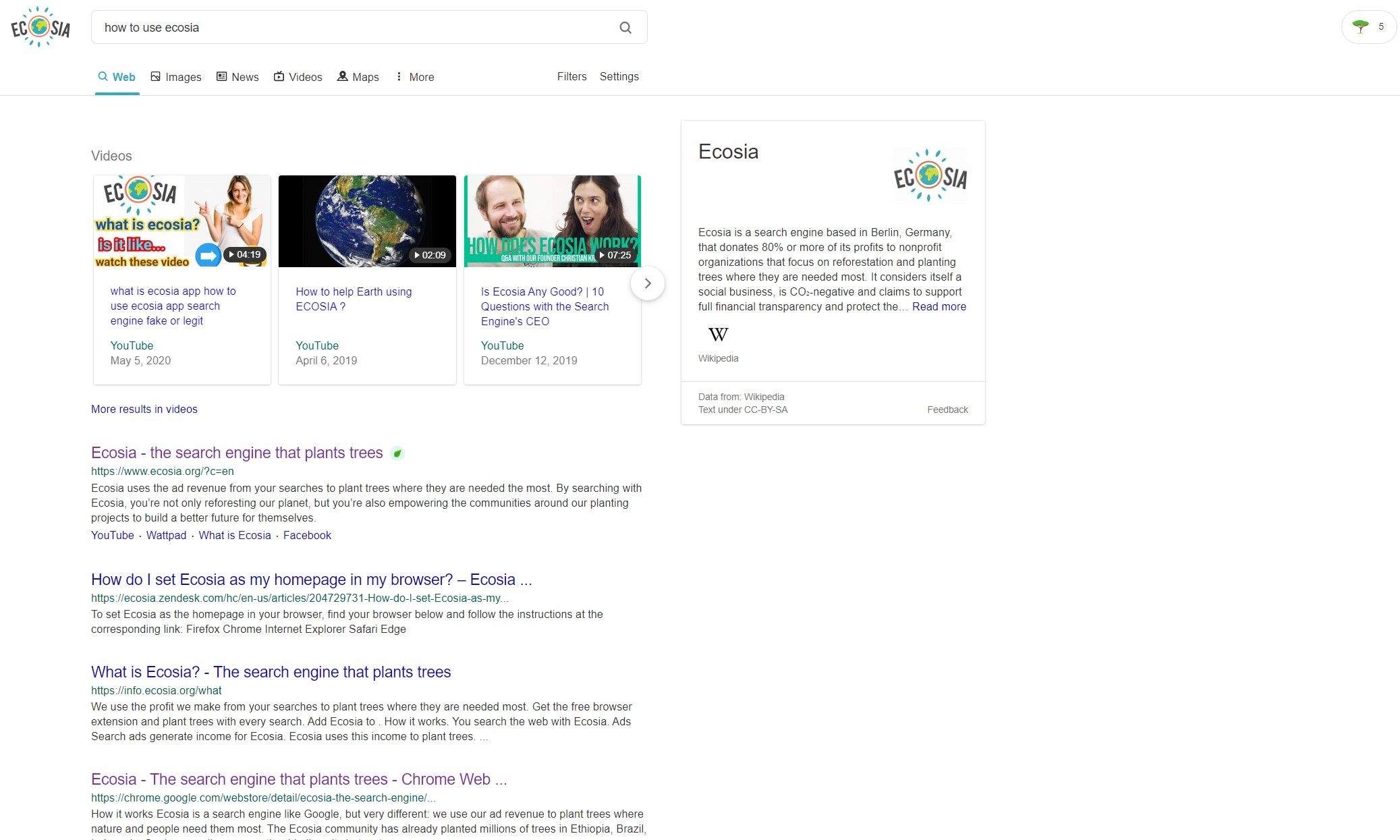 Ecosia search results screen