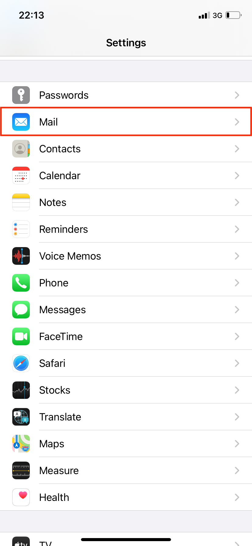 iPhone Settings with Mail Selected