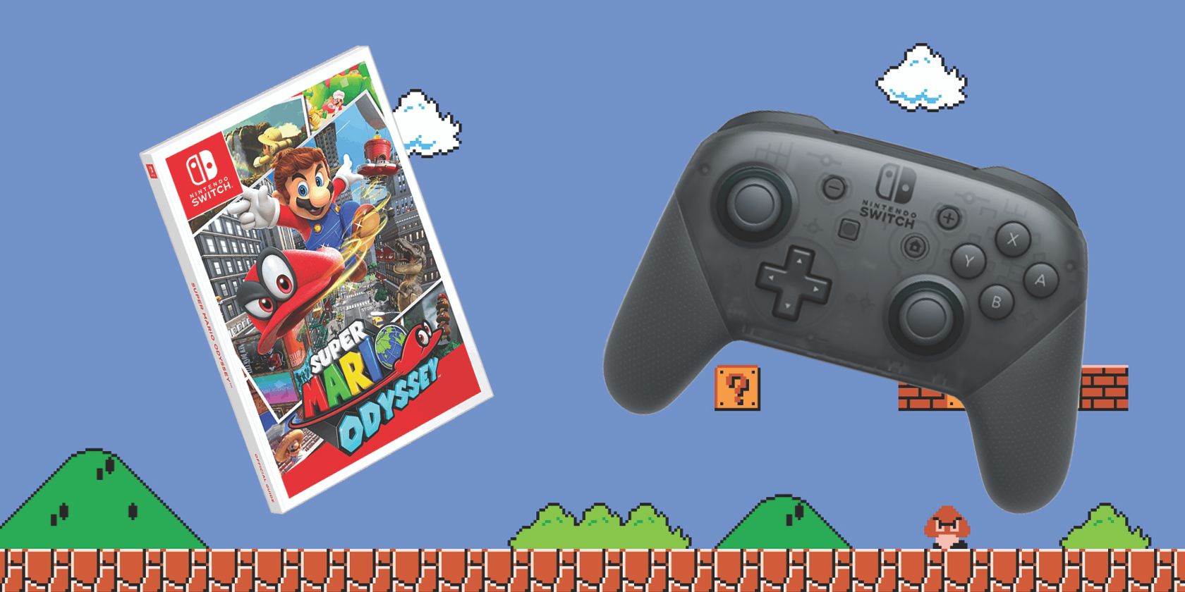 mario odyssey game box with siwtch pro controller on a Super Mario background