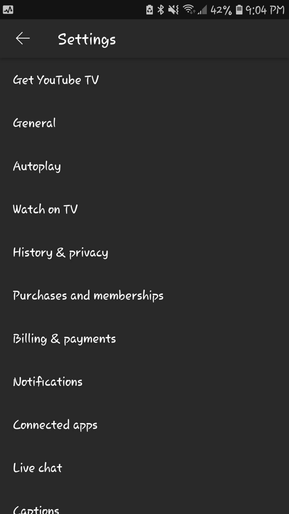 YouTube old settings android list