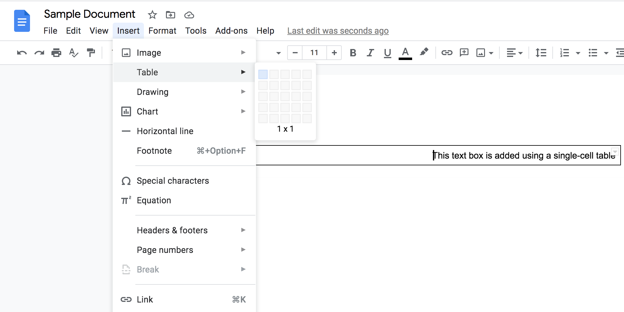 can you insert a text box in google docs