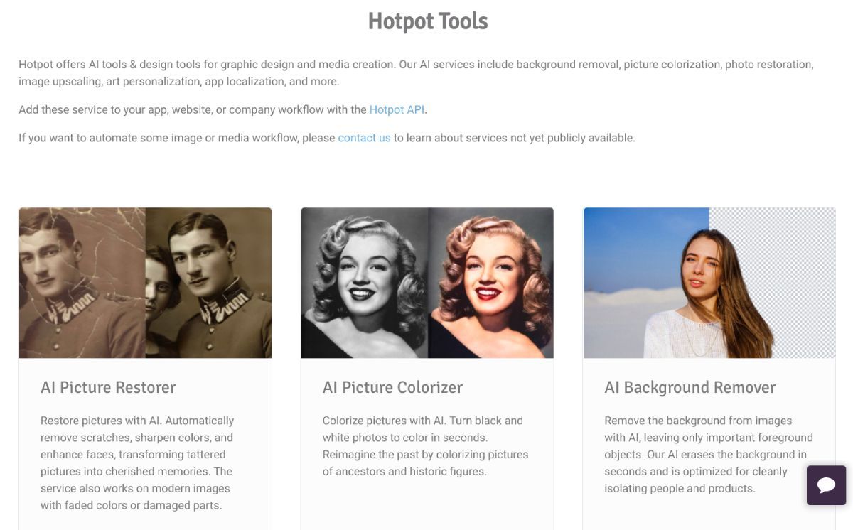 Hotpot AI tools is a swiss army knife of AI photo editing apps like colorizing black and white images or restoring scratched photos