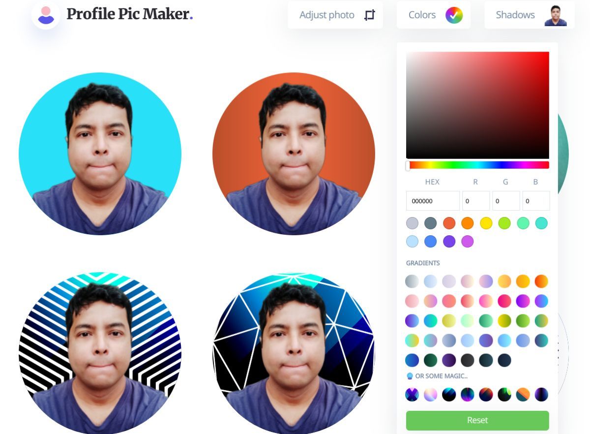 Profile Pic Maker strips the background of any profile image and adds custom new backgrounds
