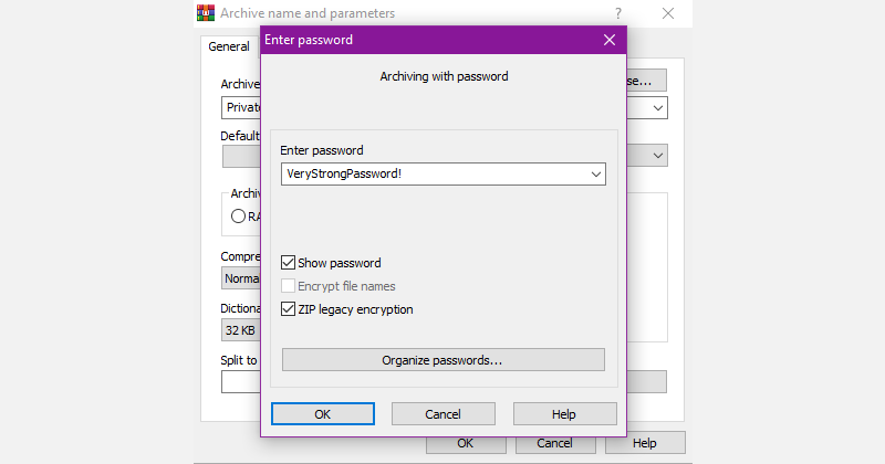 WinRAR setting acrhive password screenshot