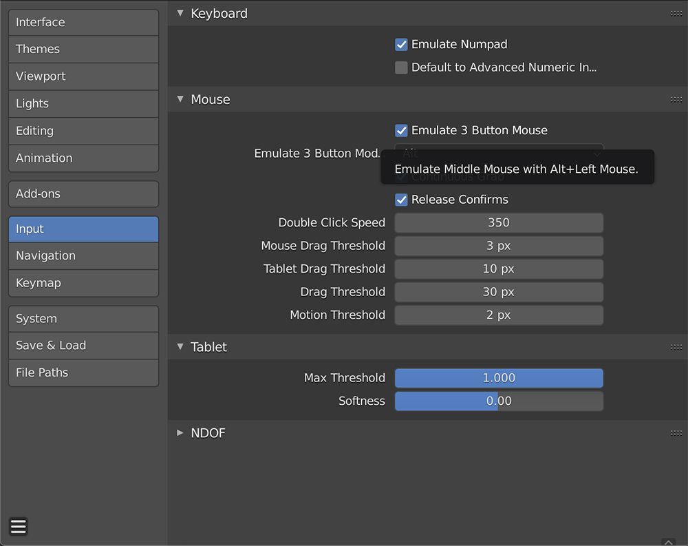 Blender input settings