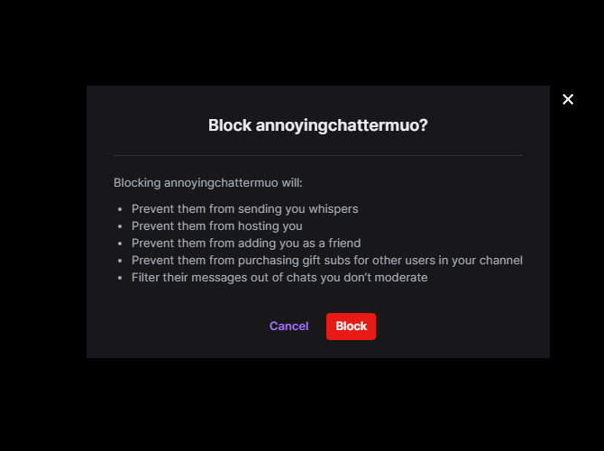 The block confirmation screen on Twitch