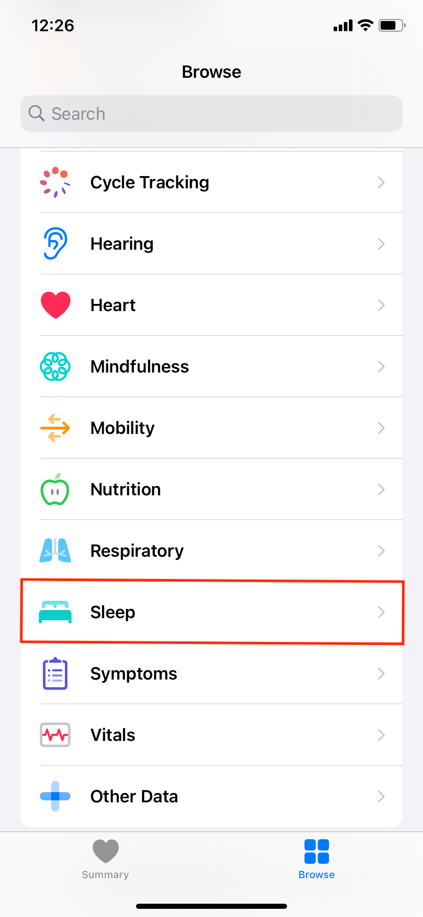 browse selected in health app