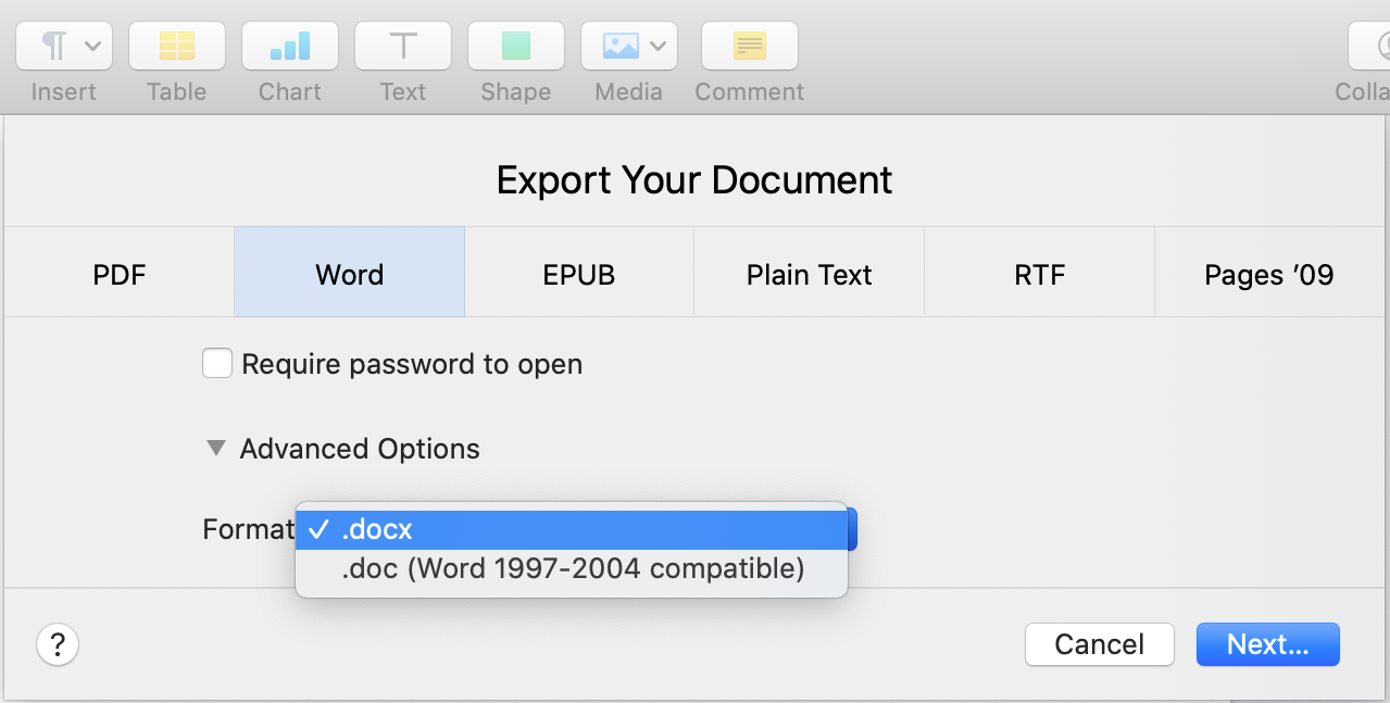 choosing the needed file format to export a document to word