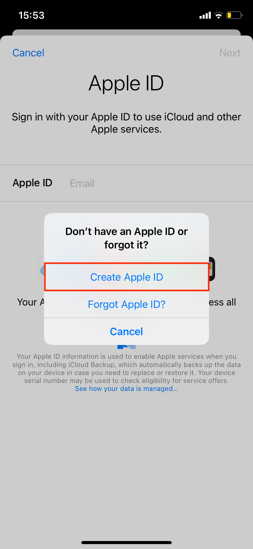 creating a new Apple ID on iPhone