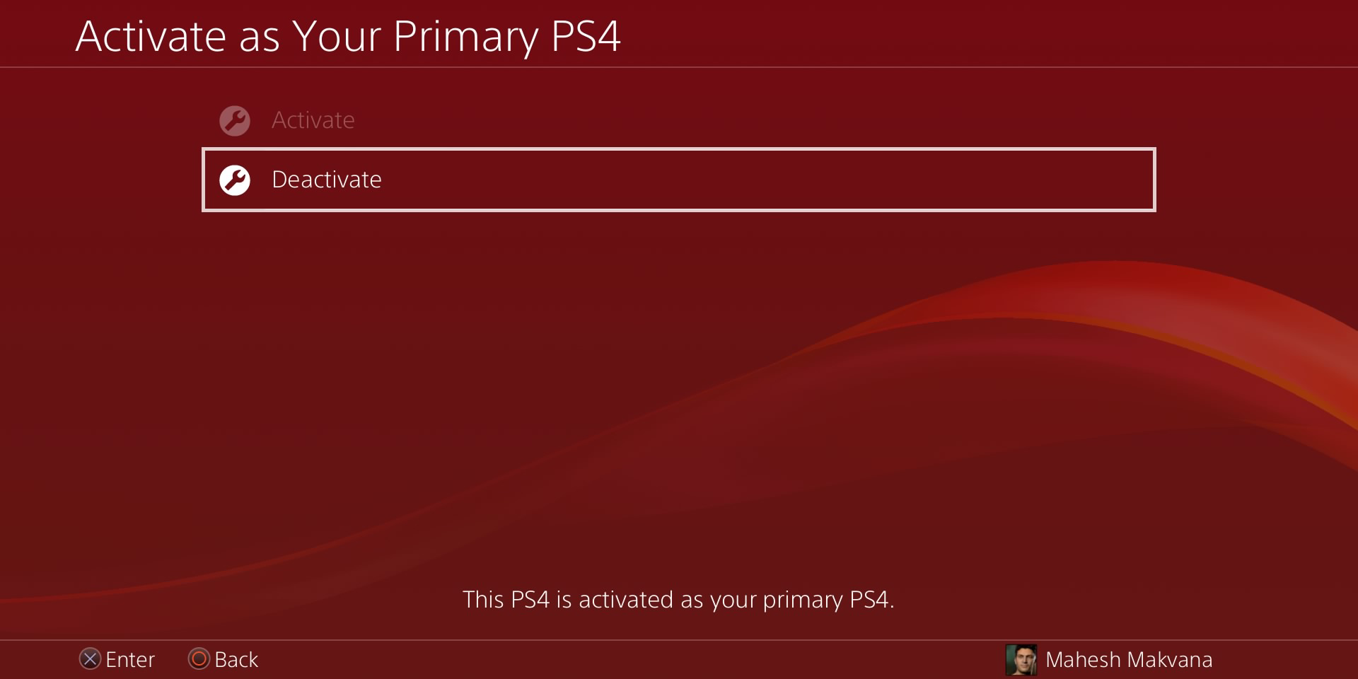 The Activate Primary console page on the PlayStation 4