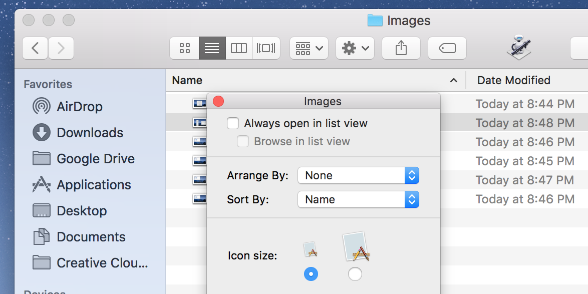 Change the default view mode in Finder