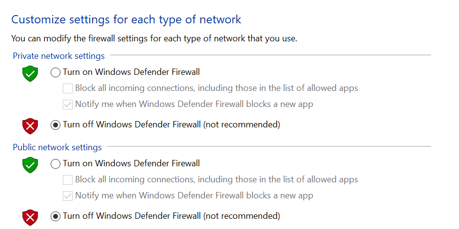 Disable the firewall on Windows