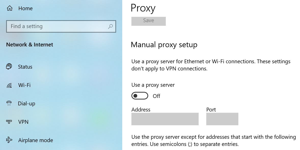 Disable the proxy server on Windows