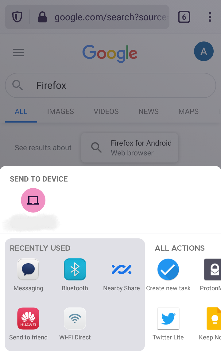 sharing a tab on firefox mobile choose device