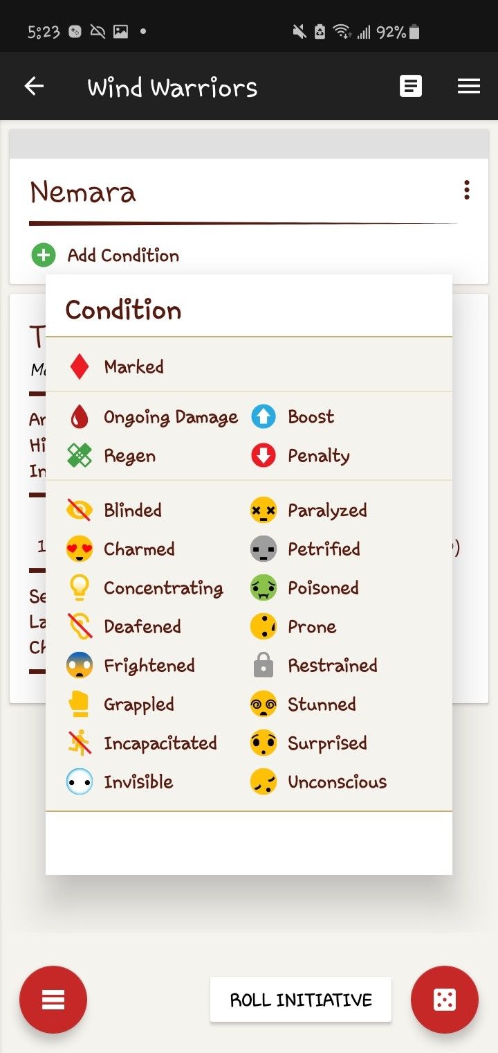 a screenshot showing the condition menu in Game Master 5, where each condition is marked by a distinctive icon