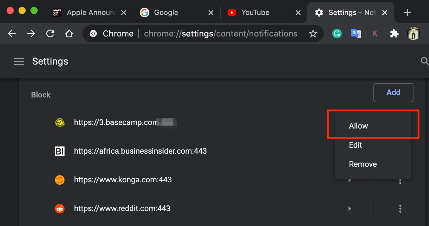 Chrome Notifications Settings