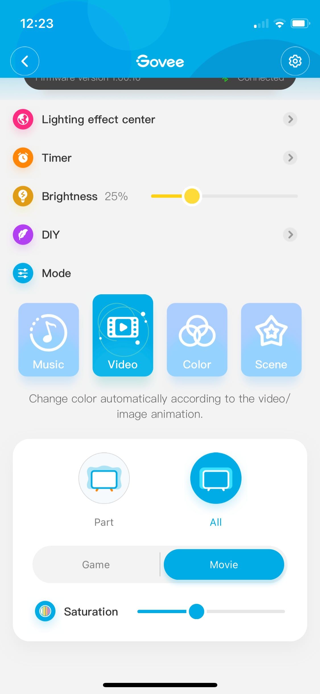 Govee app in video mode