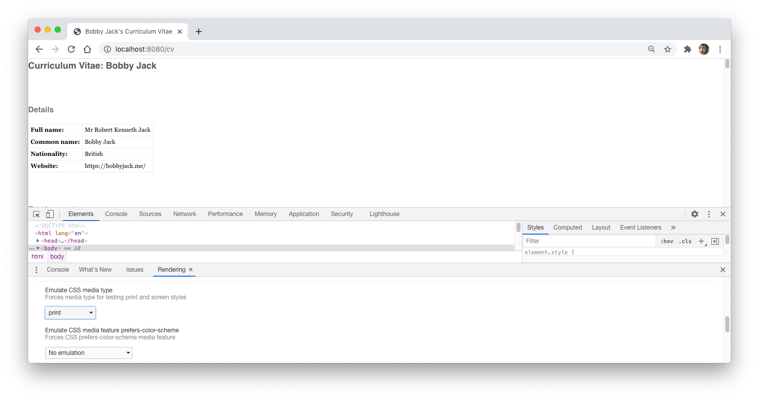 Screenshot showing Google Chrome's Developer Tools with the Emulate CSS media type active