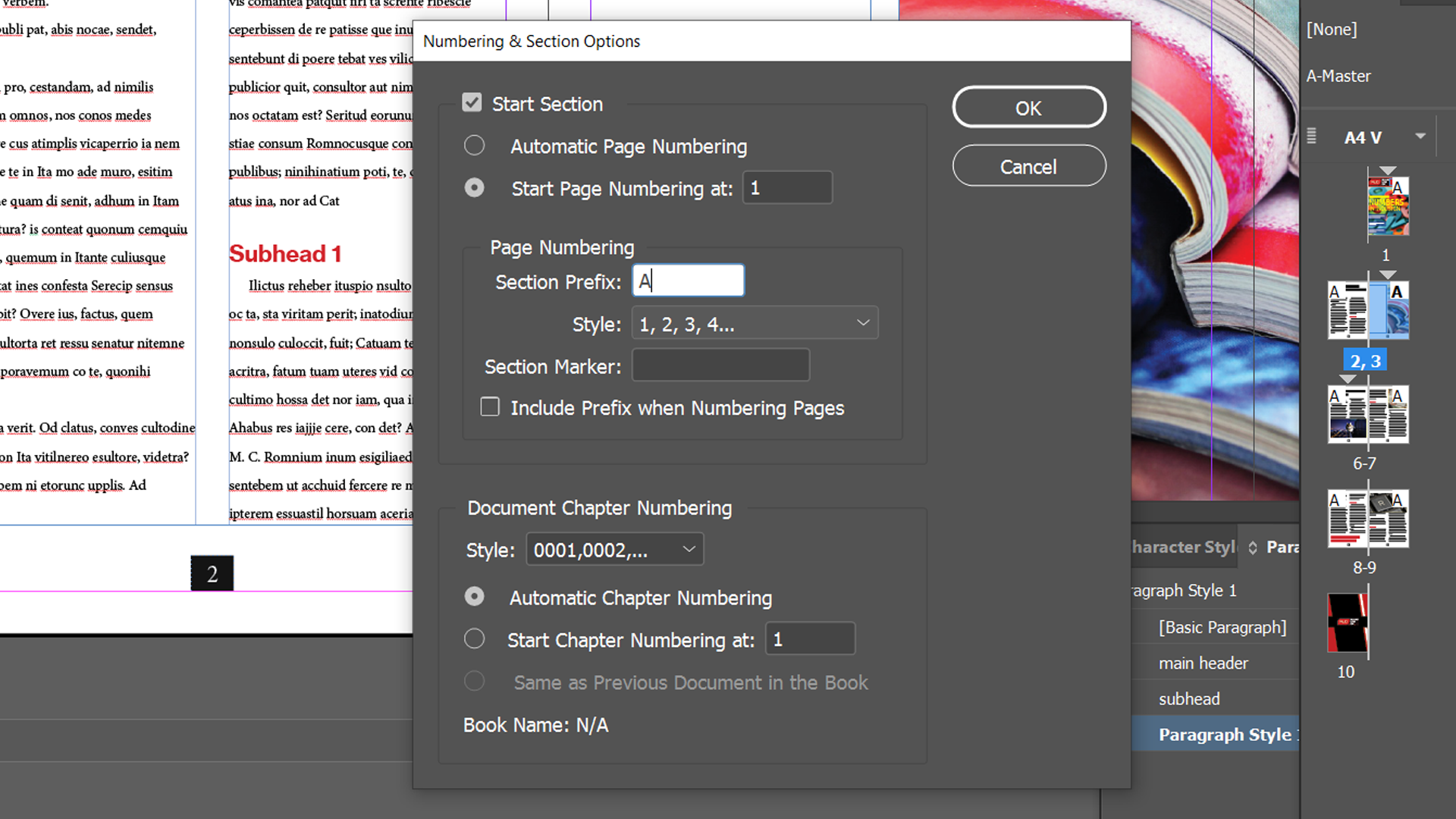 indesign adding section prefix