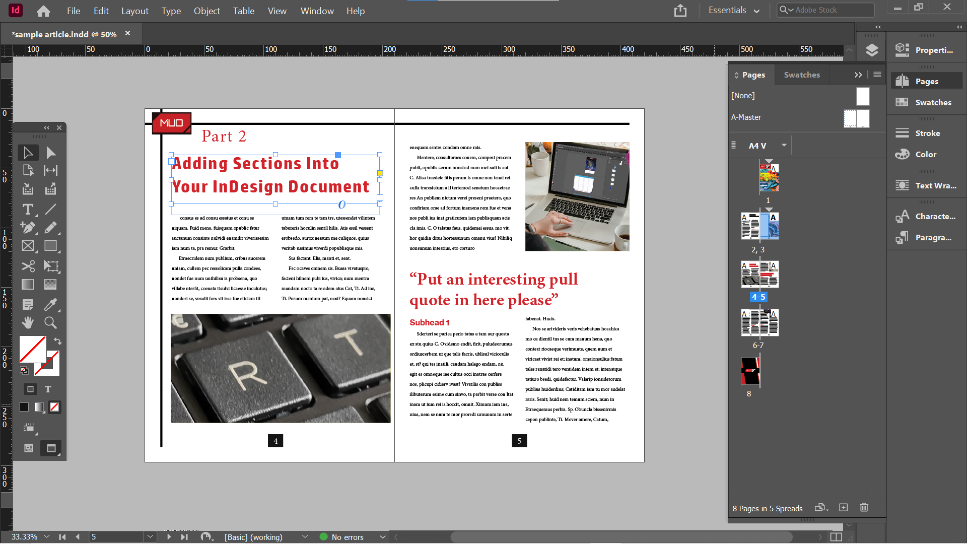 indesign layout with page numbers